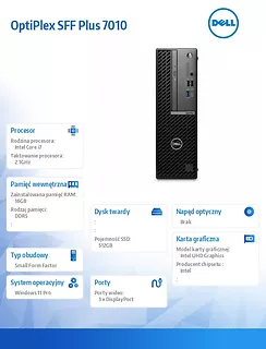 Dell Komputer Optiplex SFF Plus/Core i7-13700/16GB/512GB SSD/Integrated/No Wifi/Wireless Kb & Mouse/260W/W11Pro/vPro
