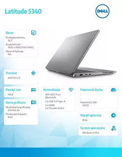 Dell Notebook Latitude 5340 Win11Pro i5-1345U/16GB/512GB SSD/13.3 FHD/Integrated/FgrPr&SmtCd/FHD/IR Cam/Mic/WLAN+BT/Backlit Kb/3 Cell/3YPS