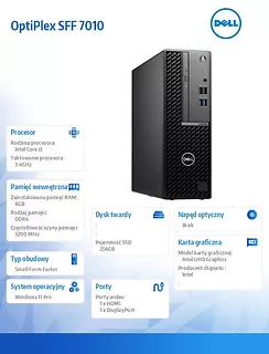 Dell Komputer Optiplex SFF Core i3-13100/8GB/256GB SSD/Integrated/No Wifi/Kb/Mouse/W11Pro