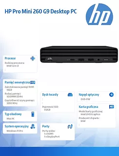 HP Inc. Komputer 260 G9 Mini  i3-1315U/512GB/16GB/DVDR/W11P 935Y4EA