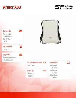 Silicon Power ARMOR A30 1TB USB 3.0 WHITE / PANCERNY / wstrząsoodporny