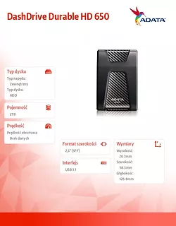 Adata DashDrive Durable HD650 2TB 2.5'' USB3.1 Czarny