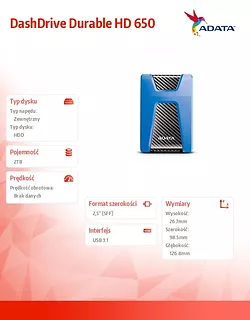 Adata DashDrive Durable HD650 2TB 2.5'' USB3.1 Niebieski