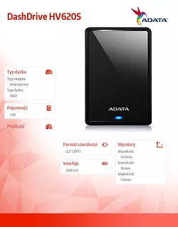 Adata DashDrive HV620S 1TB 2.5'' USB3.1 Slim Czarny