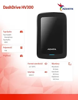 Adata DashDrive HV300 1TB 2.5 USB3.1 Czarny