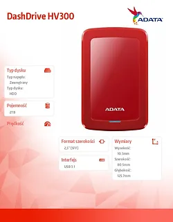Adata DashDrive HV300 2TB 2.5 USB3.1 Czerwony