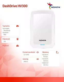 Adata DashDrive HV300 1TB 2.5 USB3.1 Biały