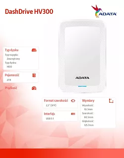 Adata DashDrive HV300 2TB 2.5 USB3.1 Biały