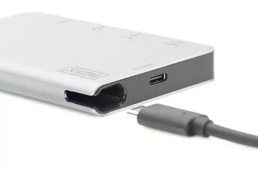 Digitus Stacja dokująca podróżna USB Typ C, 6 portów 4K, HDMI, VGA, USB3.0, RJ45, microSD, SD/MMC, srebrna