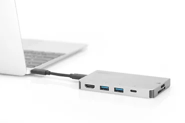 Digitus Stacja dokująca podróżna USB Typ C, 6 portów 4K, HDMI, VGA, USB3.0, RJ45, microSD, SD/MMC, srebrna