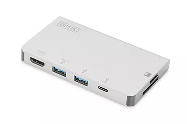 Digitus Stacja dokująca podróżna USB Typ C, 6 portów 4K, HDMI, VGA, USB3.0, RJ45, microSD, SD/MMC, srebrna