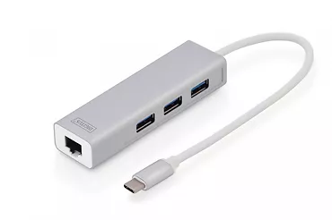 Digitus HUB/Koncentrator 3-portowy USB Typ C, 3x USB A HighSpeed z Gigabit LAN adapter, aluminium