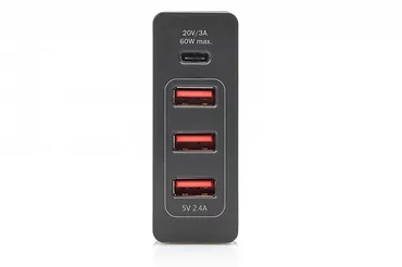 Digitus Uniwersalna 4-portowa ładowarka sieciowa 240V USB Typ C (5-20V/3A/60W) 3xUSB A (5V/2.4A) PD czarna