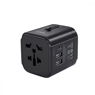 Uniwersalny podróżny adapter sieciowy PA-TA01, 2xUSB+1xUSB C, 7.8A, czarny, pasuje w 150 krajach