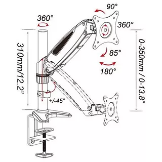 Ramię biurkowe z amortyzatorem gazowym monitor 15-27cali, 8kg, srebrno-czarne