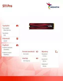 Adata Dysk SSD XPG GAMMIX S11 Pro 256GB PCIe 3x4 3.35/1.15 GB/s M.2