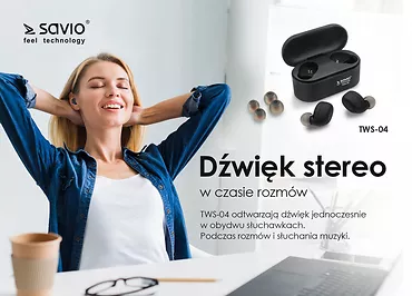 Elmak Słuchawki bezprzewodowe Bluetooth Savio TWS-04 BT 5.0 z mikrofonem i powerbankiem