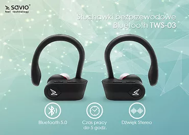 Elmak Słuchawki bezprzewodowe Savio TWS-03 Bluetooth 5.0 z mikrofonem, sportowe