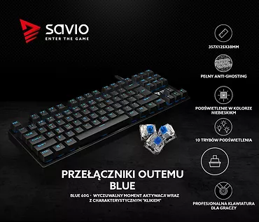 Elmak Klawiatura mechaniczna gamingowa Savio Tempest RX Outemu BLUE, LED niebieski, NKRO, Anty-ghosting