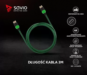 Elmak Kabel HDMI, v2.0 3D, gamingowy, XBOX, zielono-czarny, oplot nylon, złoty, 4Kx2K, 3.0m SAVIO GCL-06