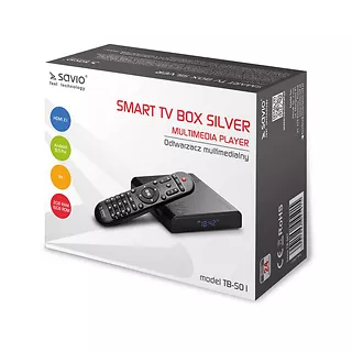 Elmak Odtwarzacz multimedialny SAVIO TB-S01 Smart TV Box Silver, 2/16GB, 8K, Android 9.0 Pie, USB 3.0, Wi-Fi, lan 100mbps