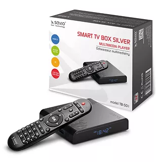 Elmak Odtwarzacz multimedialny SAVIO TB-S01 Smart TV Box Silver, 2/16GB, 8K, Android 9.0 Pie, USB 3.0, Wi-Fi, lan 100mbps