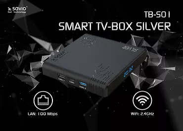 Elmak Odtwarzacz multimedialny SAVIO TB-S01 Smart TV Box Silver, 2/16GB, 8K, Android 9.0 Pie, USB 3.0, Wi-Fi, lan 100mbps