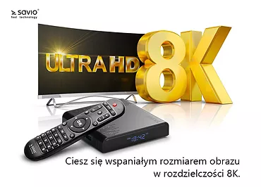 Elmak Odtwarzacz multimedialny SAVIO TB-S01 Smart TV Box Silver, 2/16GB, 8K, Android 9.0 Pie, USB 3.0, Wi-Fi, lan 100mbps