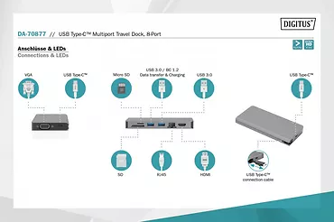 Digitus Stacja dokująca USB Typ C, 8 portów, 4K 30Hz, PD 3.0 HQ aluminiowa