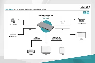 Digitus Stacja dokująca USB Typ C, 8 portów, 4K 30Hz, PD 3.0 HQ aluminiowa