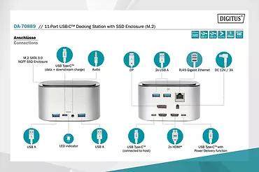 Digitus Stacja dokująca USB Typ C 11 portów Tripple Monitor 4K 60Hz PD 3.0 M.2 SATA 3.0 NGFF Aluminiowa