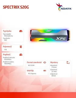 Adata Dysk SSD XPG SPECTRIX S20G 1TB PCIe Gen3x4 M2 2280