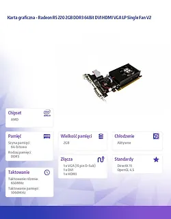 Karta graficzna - Radeon R5 220 2GB DDR3 64Bit DVI HDMI VGA LP Single Fan V2