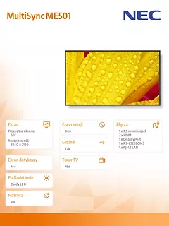NEC Monitor wielkoformatowy MultiSync ME501 50 cali UHD 400cd/m2 18/7
