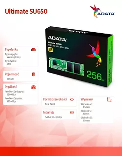 Adata Dysk SSD Ultimate SU650 256G M.2 TLC 3D 2280 SATA