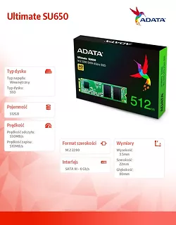 Adata Dysk SSD Ultimate SU650 512G M.2 TLC 3D 2280 SATA