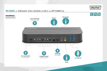 Digitus Przełącznik KVM 2 portowy DisplayPort do HDMI 2x1 4K 60Hz  2xUSB audio