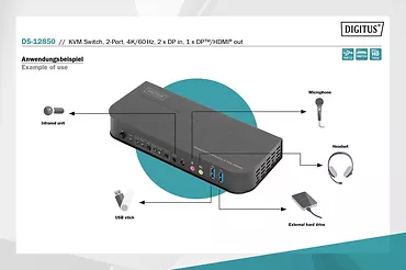 Digitus Przełącznik KVM 2 portowy DisplayPort do HDMI 2x1 4K 60Hz  2xUSB audio