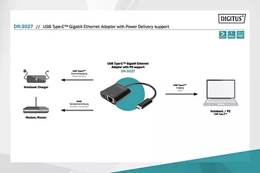 Digitus Karta sieciowa przewodowa USB 3.0 Typ C do RJ45 Gigabit Ethernet oraz 1xUSB Typ C z PD 2.0