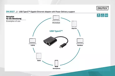 Digitus Karta sieciowa przewodowa USB 3.0 Typ C do RJ45 Gigabit Ethernet oraz 1xUSB Typ C z PD 2.0