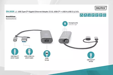 Digitus Karta sieciowa przewodowa USB 3.1 Typ C + USB A do 1x RJ45 2.5 Gigabit Ethernet 10/100/1000/2500Mbps