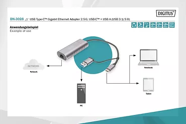 Digitus Karta sieciowa przewodowa USB 3.1 Typ C + USB A do 1x RJ45 2.5 Gigabit Ethernet 10/100/1000/2500Mbps