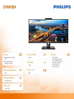 Philips Monitor 276B1JH 27 cali IPS HDMI DP USB-C Pivot Kamera