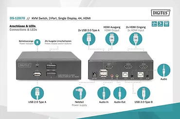 Digitus Przełącznik KVM 2 portowy HDMI, 4K 30Hz