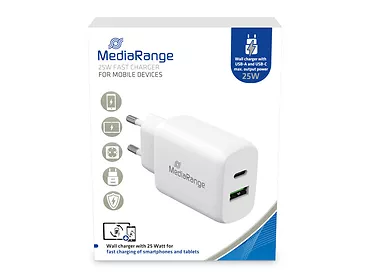 Ładowarka sieciowa MediaRange 25W USB-A i USB-C Biała MRMA112