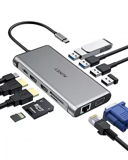 AUKEY CB-C78 aluminiowy HUB USB-C | 12w1 | RJ45 Ethernet 10/100/1000Mbps | 2xUSB 3.1 | 2xUSB 2.0 | 2xHDMI 4k@30Hz | VGA | SD i microSD | USB-C | USB-C