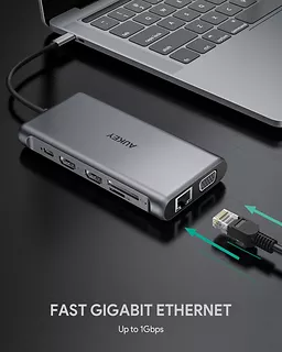 AUKEY CB-C78 aluminiowy HUB USB-C | 12w1 | RJ45 Ethernet 10/100/1000Mbps | 2xUSB 3.1 | 2xUSB 2.0 | 2xHDMI 4k@30Hz | VGA | SD i microSD | USB-C | USB-C