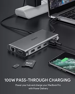 AUKEY CB-C78 aluminiowy HUB USB-C | 12w1 | RJ45 Ethernet 10/100/1000Mbps | 2xUSB 3.1 | 2xUSB 2.0 | 2xHDMI 4k@30Hz | VGA | SD i microSD | USB-C | USB-C