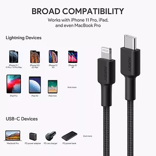 AUKEY CB-CL03 Black nylonowy kabel Lightning-USB C | USB Power Delivery USB-PD | 2m | certyfikat MFi Apple