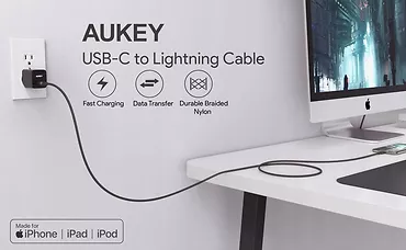 AUKEY CB-CL03 Black nylonowy kabel Lightning-USB C | USB Power Delivery USB-PD | 2m | certyfikat MFi Apple